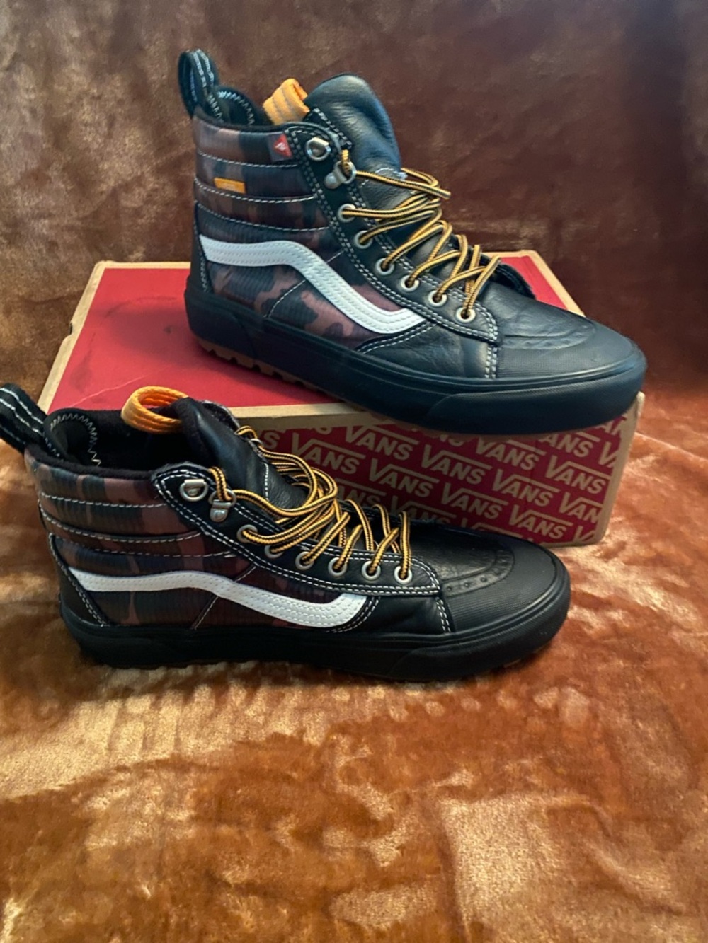 Vans High-Top Camouflage Sneakers in Black, Orange, White - Picture 3 of 11
